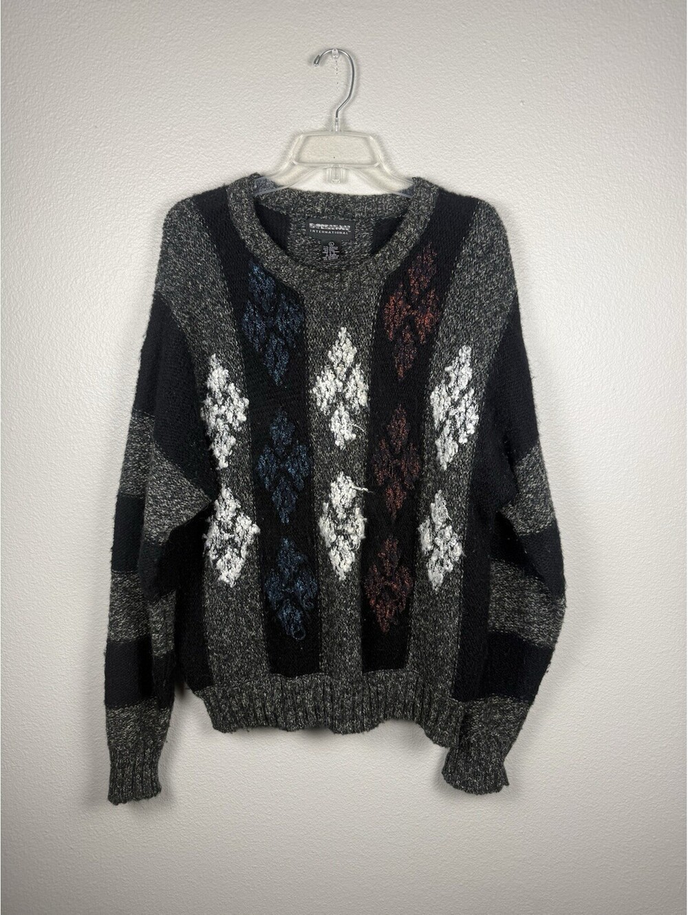 Vintage Expressions Int. Wool Blend Sz L Textured Knit Grandpa Sweater Gray 90s
